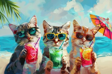 Tropical Cocktails on Beach Party, Happy Friends Hold Color Cocktails, Generative AI Illustration