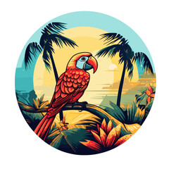 Papagei in tropischer Umgebung Illustration Vektor isoliert transparent hintergrund - obrazy, fototapety, plakaty
