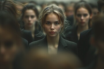 Obraz premium A confident woman in a sleek business suit stands tall amidst a sea of blurred faces, her posture commanding attention as she leads her team forward with determination and charisma 