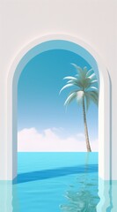 Fototapeta na wymiar Arch Building Wall, Blue water, sky and palm tree 