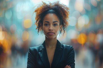 A confident woman in a sleek business suit stands tall amidst a sea of blurred faces, her posture commanding attention as she leads her team forward with determination and charisma  - obrazy, fototapety, plakaty