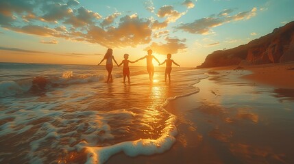 Children holding hands in a circle with their parents, dancing on a sandy beach at sunset, the golden hues of the sky casting a warm glow on their joyful faces