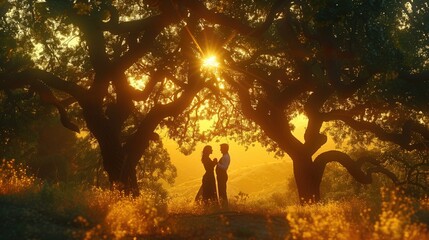 Couples dancing under a canopy of trees in a lush forest clearing, the dappled sunlight filtering through the leaves as they revel in each other's company