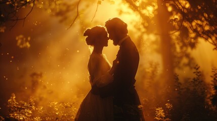 Couples dancing under a canopy of trees in a lush forest clearing, the dappled sunlight filtering through the leaves as they revel in each other's company
