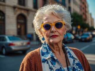 Fashionable modern grandmothers with bright hair colors and sunglasses communicate against the background of the city