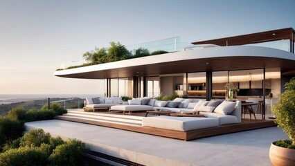 Fototapeta premium Modern villa with a rooftop terrace, providing panoramic views and an ideal space for outdoor entertainment