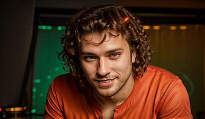 Professional photo shoot of a man with overgrown curls, in an orange T-shirt, on a dark background. Generative AI.