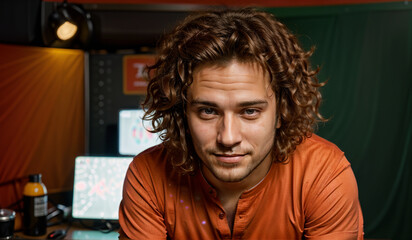 Professional photo shoot of a man with overgrown curls, in an orange T-shirt, on a dark background. Generative AI.