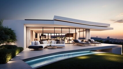 Fototapeta premium Modern villa with a rooftop terrace, providing panoramic views and an ideal space for outdoor entertainment