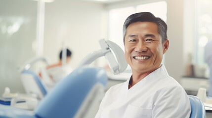 Obraz premium A confident smile: An Asian man in a dentist's chair beams with beautiful teeth, exuding dental health and happiness.