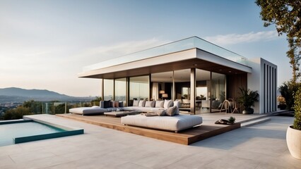 Fototapeta premium Modern villa with a rooftop terrace, providing panoramic views and an ideal space for outdoor entertainment