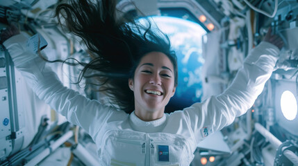 Woman astronaut floats inside spaceship, young female person in zero gravity in corridor of spacecraft or space station. Concept of people in ship interior, sci-fi movie, weightlessness - obrazy, fototapety, plakaty