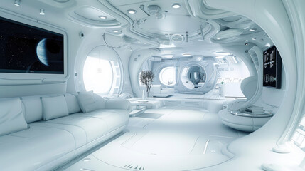 White living room in spaceship, design of habitat in starship or home on planet. Inside futuristic spacecraft, compartment interior. Concept of space, scifi, technology, futur - obrazy, fototapety, plakaty