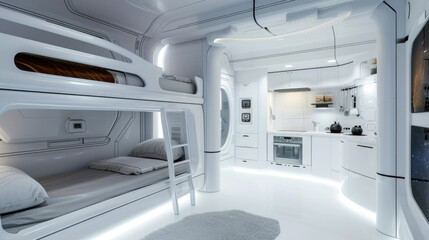 Small spaceship room with bunk bed and kitchen, design of habitat in spacecraft or colony house. Futuristic compartment interior. Concept of space, technology, travel, sci-fi, future - obrazy, fototapety, plakaty