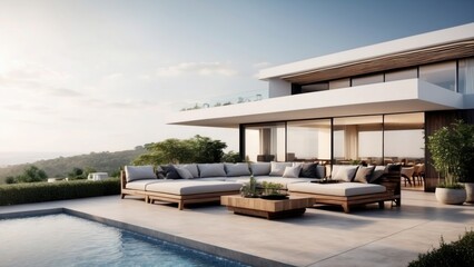 Fototapeta premium Modern villa with a rooftop terrace, providing panoramic views and an ideal space for outdoor entertainment