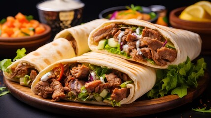 Delicious grilled beef or chicken shawarma doner sandwich with fresh ingredients and spices
