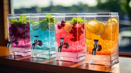 Summer cool fruit juice dispenser for refreshing chilled drinks in multi colored containers - obrazy, fototapety, plakaty