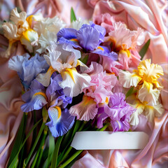 Vibrant Irises Bouquet on Pastel Fabric, Floral Elegance with Copy Space