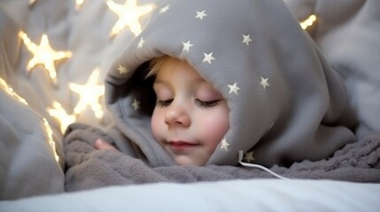 "Close-up of a little boy at rest under a cozy blanket, finding solace and tranquility in the security of his own bed at night."