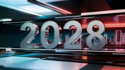 A futuristic and sleek design for a graphic depicting "2028". The number "2028" is prominently displayed in bold, metallic font