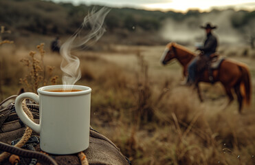 a steaming cup of coffee on the open range with cowboys riding in the distance - 748338199