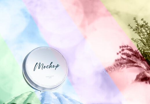 Delicate Small Cosmetic Can Mockup on a Selectable Colorful Dreamy Background