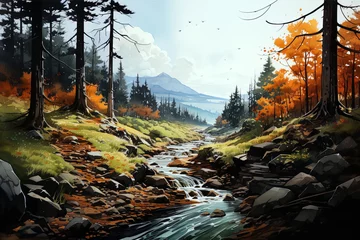 Fotobehang Autumn watercolor landscape background. Ai generative art © Tatyana Olina