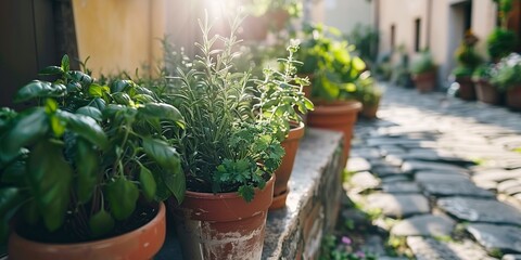 Fototapeta na wymiar fresh green herbs basil rosemary and cilantro in pots
