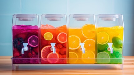 Summer cool slush and smoothie machine for chilled fruit juice in multi colored containers