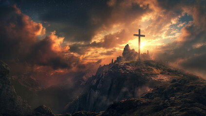 Fototapeta na wymiar Cross top of the mountain. Christianity, Religion 