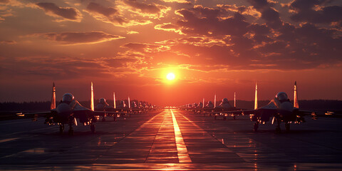 Group of fighter jets on a airfield at sunset.