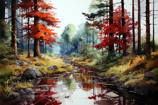 Autumn watercolor landscape background