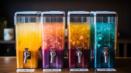 Colorful summer fruit slush and smoothie dispenser for chilled refreshing drinks - obrazy, fototapety, plakaty
