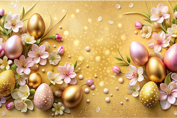 Fototapeta na wymiar Happy Easter banner with spring flowers background and Easter gold eggs. Greeting card.