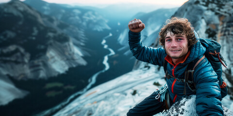 A mountain climber throws a fist in the air in victory after reaching the top - obrazy, fototapety, plakaty