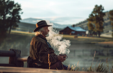 a rancher sips from a steaming hot coffee on a cold morning - 748339378