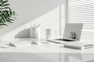 Modern Workspace with Notebook, Office Desktop, Businessman Work Desk, Abstract Generative AI Illustration