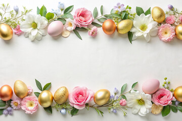 Naklejka na ściany i meble Happy Easter banner with spring flowers background and Easter eggs. Greeting card.