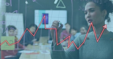 Animation of arrow and diagrams over diverse colleagues discussing work in office - Powered by Adobe