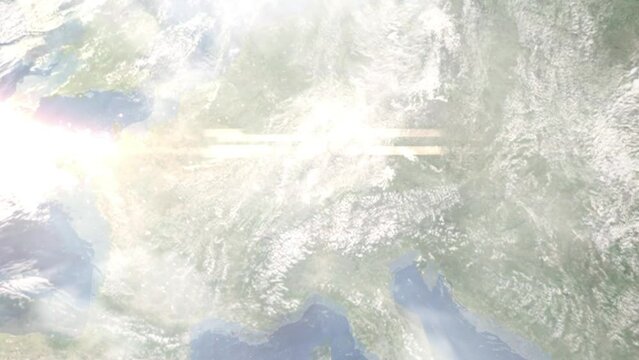 Earth zoom in from space and focus on Albstadt, Germany. 3D Animation. Satellite view. Background for travel intro. Images from NASA