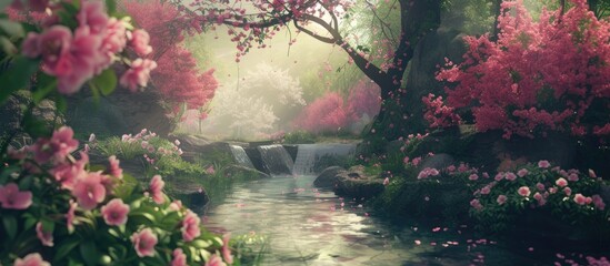 A stream meandering through a dense forest filled with vibrant pink flowers. The scene is lush and green, with the stream adding movement to the serene landscape.