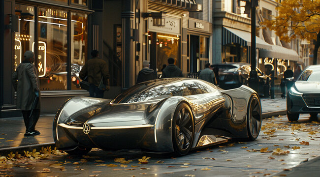 Futuristic Silver Car Parked on a City Sidewalk