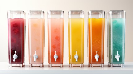 Summer fruit juice dispenser for chilled refreshing drinks in multi-colored containers - obrazy, fototapety, plakaty