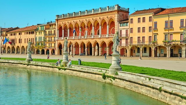 PADUA, ITALY - APRIL 17 2018: Loggia Amulea is neo-Gothic style building located in the Prato della Valle, the majestic piazza. Front of building is characterized by an elegant loggiay.