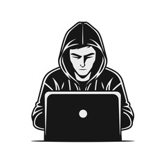 hacker or software engineer wearing a hood with laptop icon  black and white vector illustration isolated transparent background logo, cut out or cutout t-shirt print design