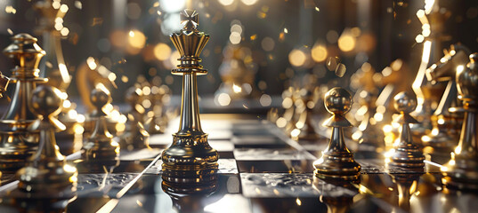 Strategic Chess Game Shows King Piece in Glowing Light - obrazy, fototapety, plakaty