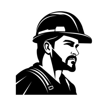 construction worker with helmet man wearing a cask icon black and white vector illustration isolated transparent background logo, cut out or cutout t-shirt print design