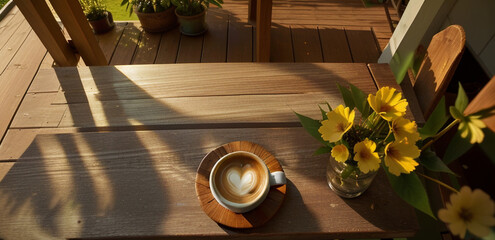 photo mugs with coffee on a wooden table on an outdoor table on the veranda of the house, yellow flowers, summer. Generative AI.