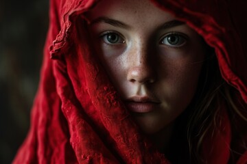 a girl with a red scarf around her head