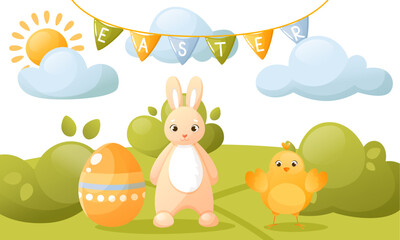 Vector cute illustration of an Easter egg hunt, with cute bunnies, chicks, Easter attributes, ribbon text and decorations. Suitable for Easter banners, invitations, cards, flyers.